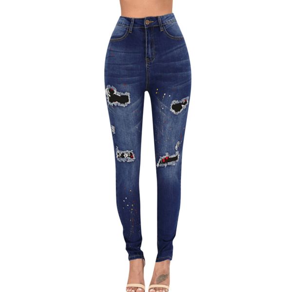 

jeans for women high waist holes ripped long trousers slim stretch button zip denim jeans pencil pants #yj2, Blue