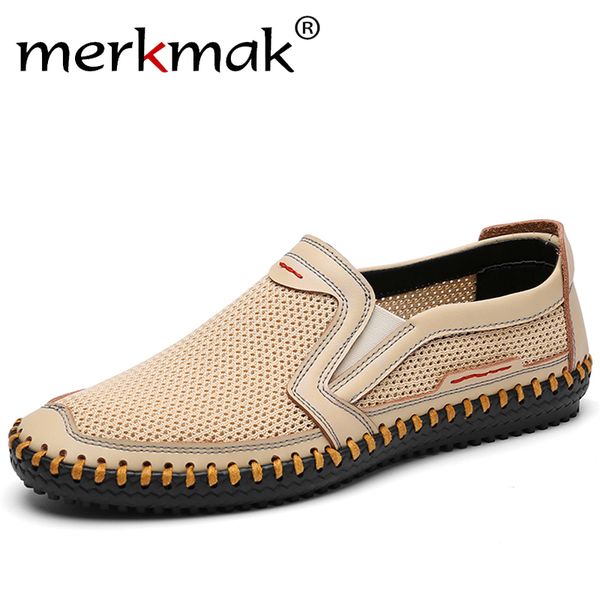 

merkmak 2020 new genuine leather summer men casual shoe big size 48 comfortable breathable men mesh shoes hollow casual sneakers, Black
