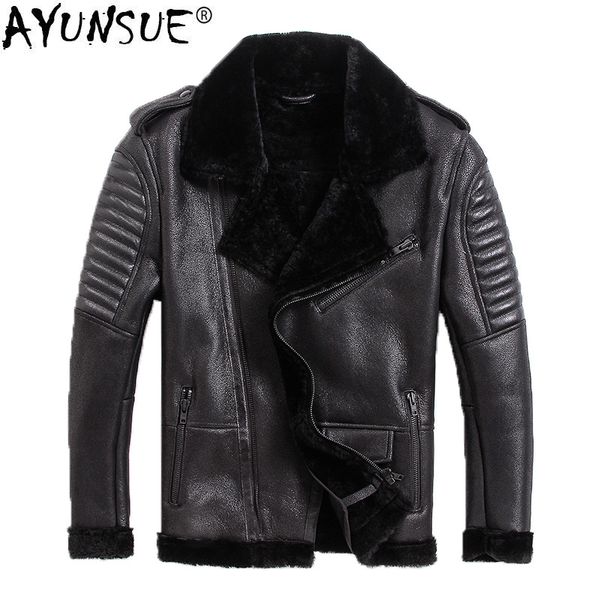 

ayunsue genuine leather jacket men winter sheepskin coat warm motorcycle sheep shearling jacket man wool lining coats kj2914, Black