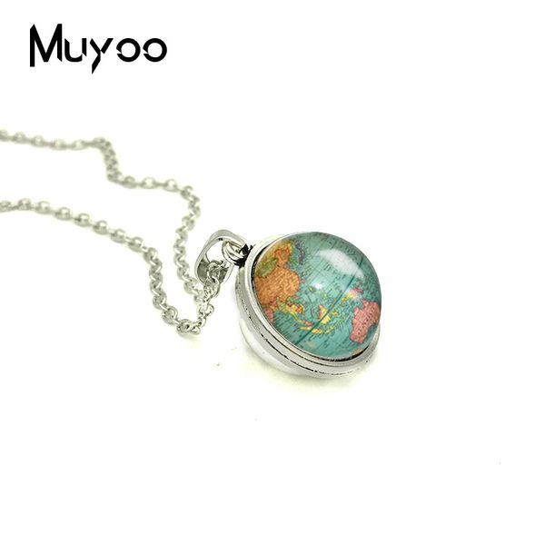 

2018 new globe double sided necklace planet earth art pendant glass cabochon necklaces hand craft jewelry, Silver
