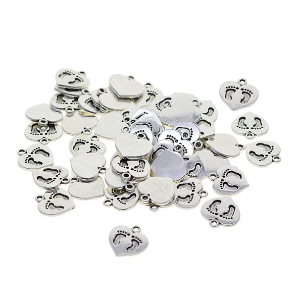 

50pcs tibetan silver love heart hanging decor foot print diy crafts material