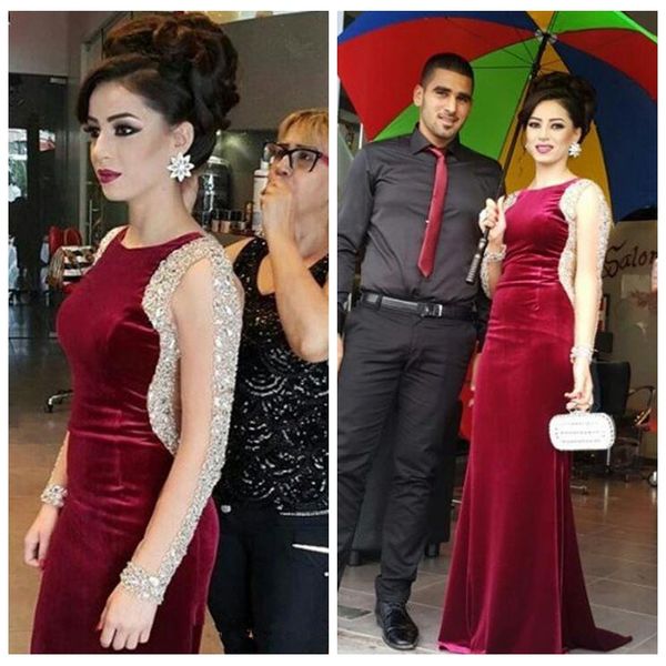 

2019 sheer long sleeves mermaid women evening dresses bling bling beaded formal prom party gowns velvet formal special occasion party gowns, Black;red