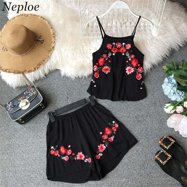 

women's two piece pants neploe womens sets 2021 summer sleeveless floral embroidery and shorts sweet 2 pcs outfits set 80128, White