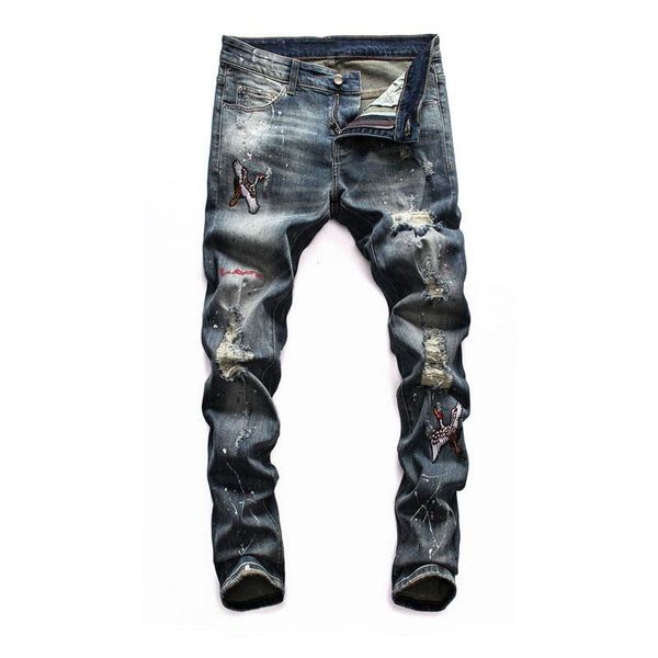 

fashion streetwear men jeans slim fit retro blue paint destroyed ripped jeans embroidery designer hip hop men