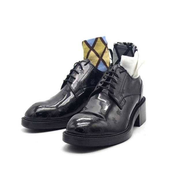 

2020 new mens block med heels square toe genuine leather dress shoes office male groom bees printed wedding formal derby shoes, Black