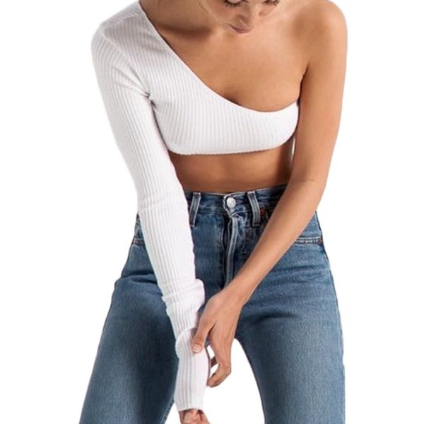 

Summer New Crop Top Sexy Womens T Shirts Off The Shoulder Tops For Women One Long Sleeve Black White Casual Punk Tshirts