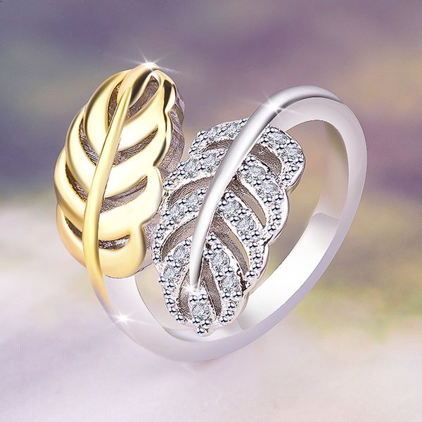 

new creative two-tone color crystals leaf shaped ring simple fashion finger rings for women vintage wedding engagement ring, Slivery;golden