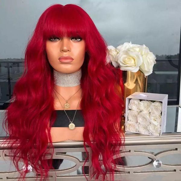 Natural Soft High Temperature Fiber Hair Red Long Body Wave Synthetic Lace Front Wig For Women Heavy Density Cosplay Party Wigs With Bangs