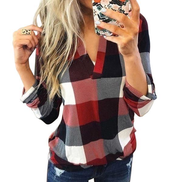 

calofe fashion casual plaid shirt women roll up long sleeve v neck blouse ladies loose button lattice print blouse wear, White