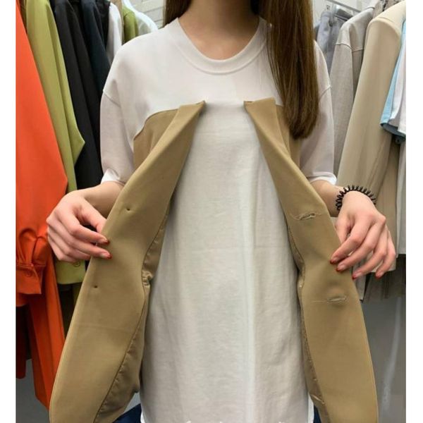 

ewq] 2020 summer o neck hit color patchwork short sleeve t-shirt female summer fashion new loose korean with belt yj253, White
