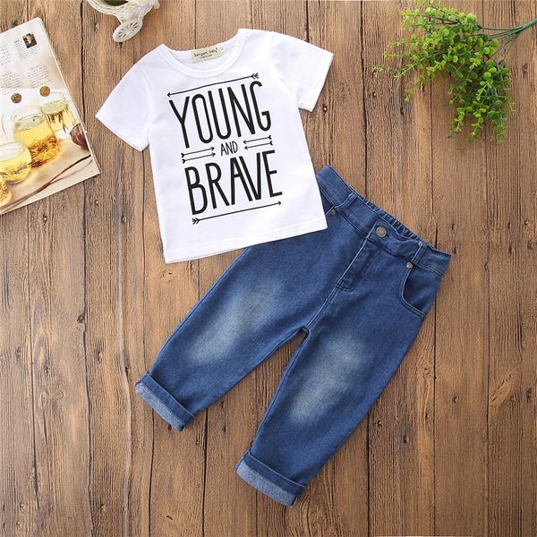 

children suit 2020 new european and american short-sleeved letter t-shirt with denim trousers long pants jeans two-piece suit, White
