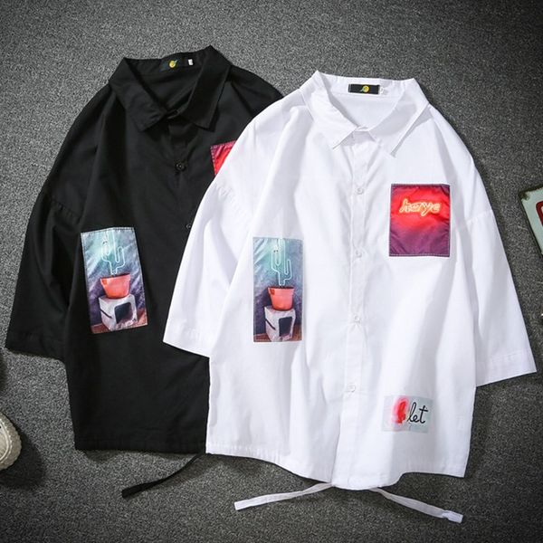 

summer couple shirt korean loose harajuku style ulzzang short-sleeved bf wild 7-sleeve men and women shirts, White;black