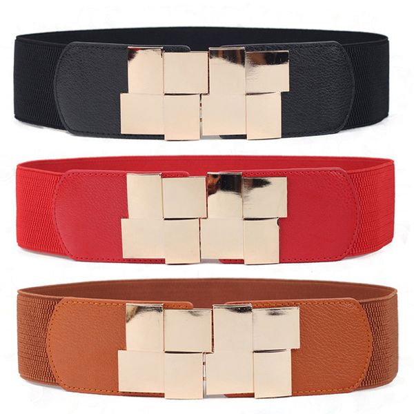 

female wide belt waistband multicolor square buckle dress decorative belt women's slim elastic, Black;brown