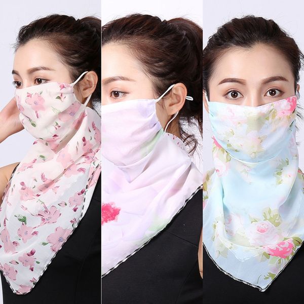 

pkgo3 women scarf face sunshade 38 styles silk windproof handkerchief outdoor chiffon half face dust-proof mask masks scarf designer scarf, Black