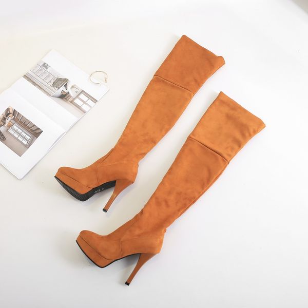 

women boots woman shoes high thin heels over the knee soft flock pointed toe platform size 34-43 2018 new arrival sb178, Black