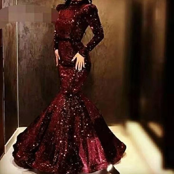 

2020 classic evening wear long sleeves sequined prom dress long pleats african party gowns vestidos, Black;red
