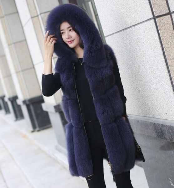 

winter women's fur jacket faux fox fur vest coat fashion hooded fur waistcoat side zipper stitching leather warm outwe, Black