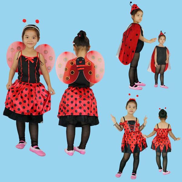 

cartoon kids girls red cosplay costume ladybird cloak antenna hat costumes set birthday party dress purim halloween, Black;red