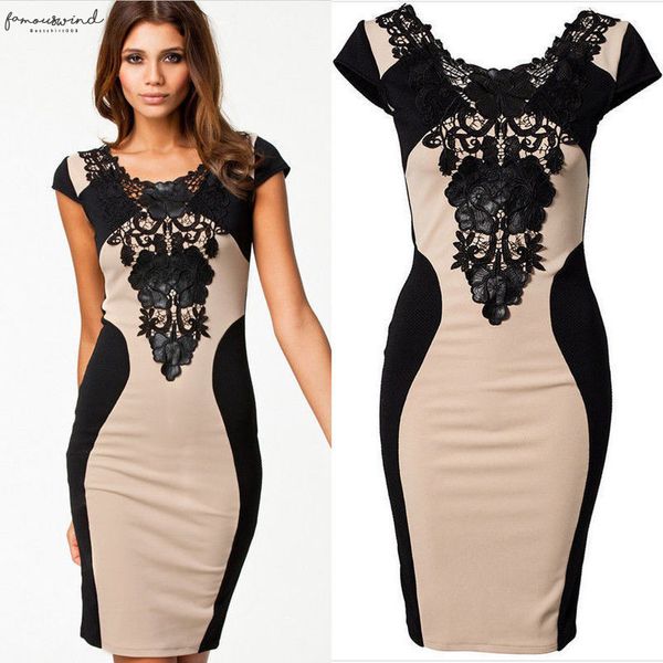 

women vintage elegant dress round neck lace package hip dress backless bodycon mini dress glorious short sleeve, Black;gray