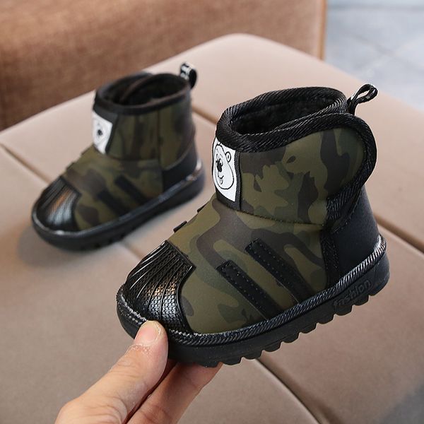 

baby boy winter snow boots camouflage cotton hook & loop pu ankle warm shoes size 21-25 soft sole thick shoes tx002, Black;grey