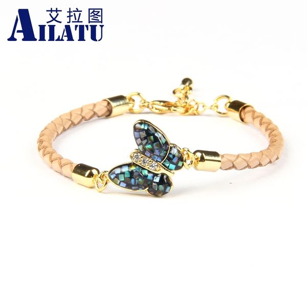 

ailatu brand abalone shell cz butterfly animal bracelet with genuine leather chain adjustable jewelry gift for girl, Golden;silver