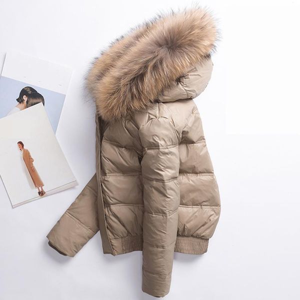 

fashion-hooded real raccoon fur winter jacket women long sleeve slim white duck down parkas coat female zipper pockets outwear, Black