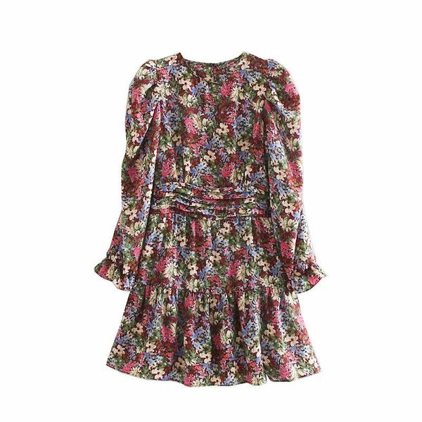 

2019 women sweet floral print hem ruffles mini dress female o neck puff sleeve pleats vestidos chic casual slim dresses ds2982, Black;gray