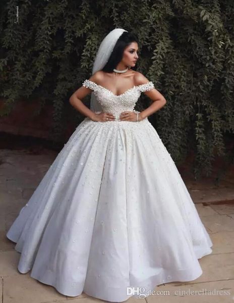 

luxury lace appliqued ball gown wedding dress beaded atabic dubai off shoulder princess plus size bridal gown custom made bc2159, White