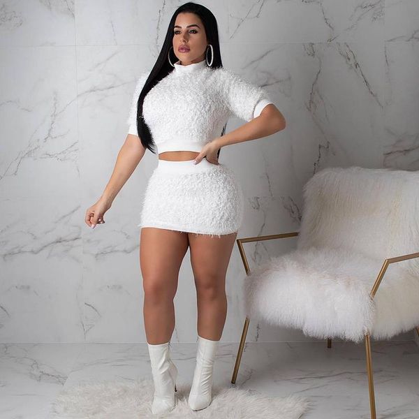 

fashion korean style cocktail 2 piece outfits for women dress set skirt and cashmere suit high waist nightclub two piece set, White