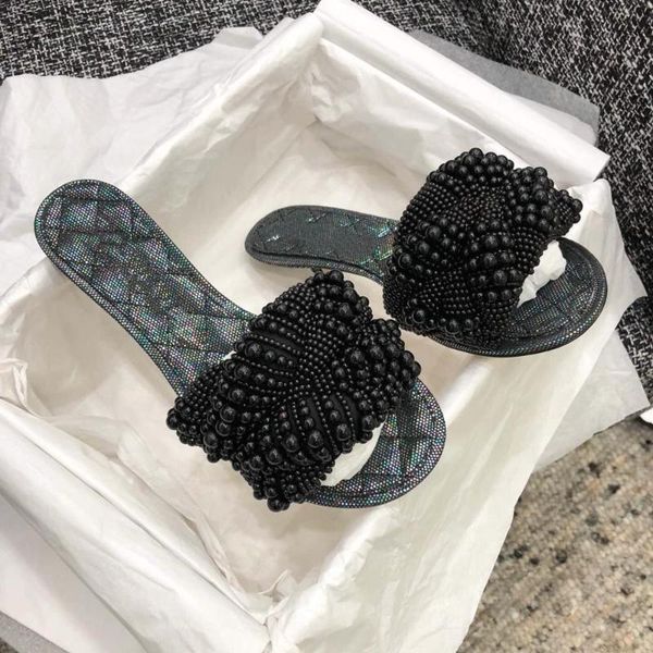 

zapatos de mujer summer flats leather sole shoes women crystal string bead slippers slippers woman beach woman flats, Black