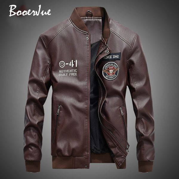 

кожа bomber jacket мужчины осень зима куртки мужской флис liner outwear пальто теплый pu baseball jackets мода 2020, Black;brown