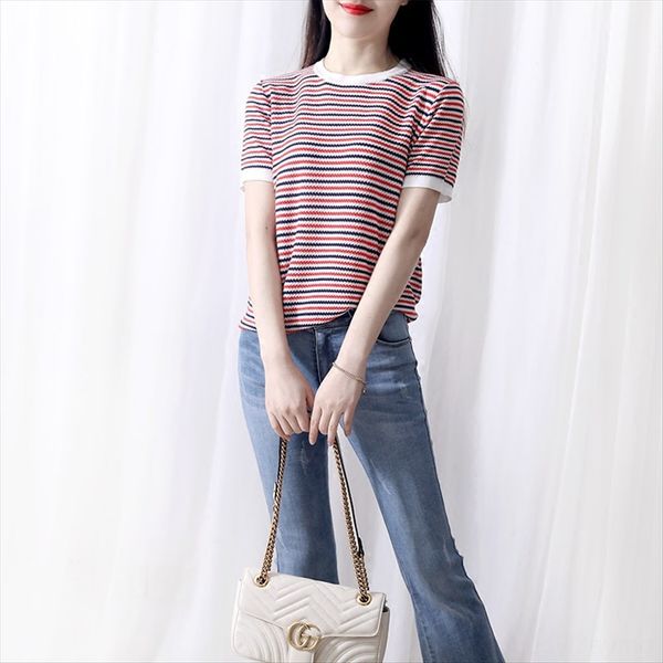 

blue and beautiful effortless summer women contrast contrast color pattern swe women's patterned short-sleeved sweater color three-dime, White