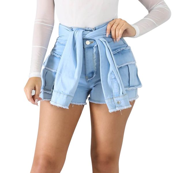 

ladies denim pants women summer casual pants button tassel jeans high waist denim lacing slim shorts y605, Blue