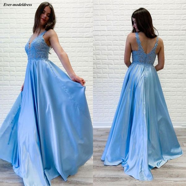 

charming sky blue long prom dresses v-neck lace appliques sequins illusion girls graduation party gowns abiye vestidos de gala, White;black
