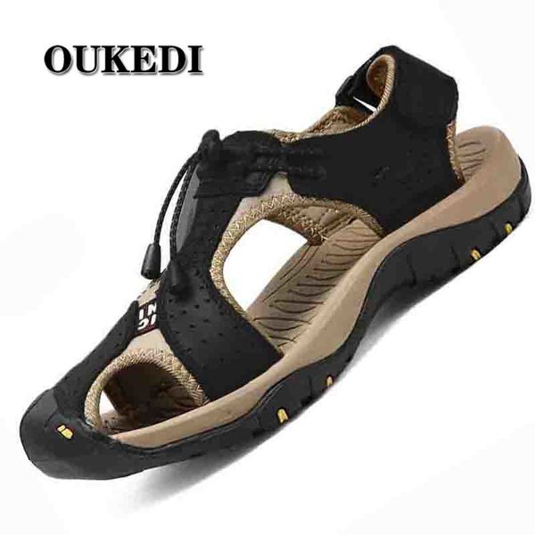 

men sandals genuine split leather men breathable beach roman sandals brand outdoors shoes flip flops slippers sneakers, Black
