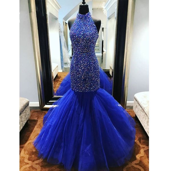 

luxury high neck mermaid homecoming prom dresses 2019 crystal beads tulle backless pageant dress quinceanera evening gowns robes de so, Black
