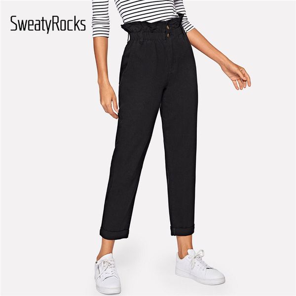 

sweatyrocks paperbag waist slant pocket jeans streetwear women high waist button solid denim pants 2019 spring black jeans, Blue