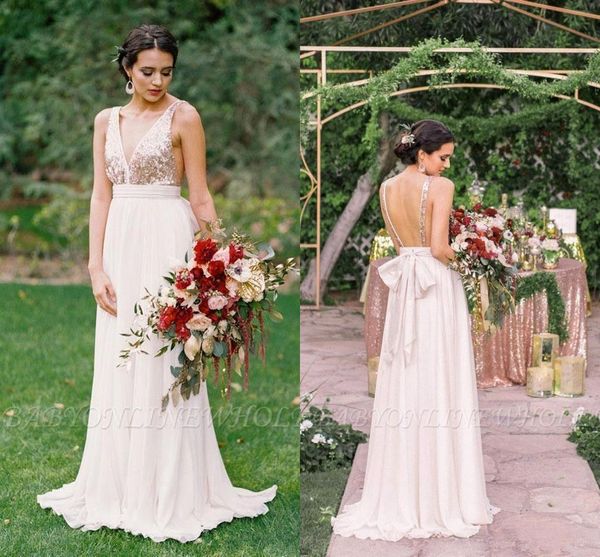 

блестящие розовые золотые блестки длинные платья для подружек невесты 2020 летний пляж a-line шифон глубокий v-образный вырез спинки платья, White;pink