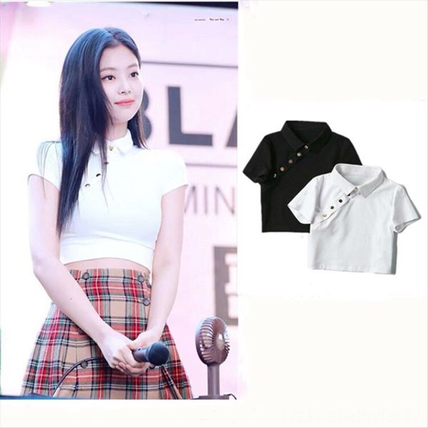 

jennie lapel diagonal slim navel t-shirt female summer high t-shirt jacket short jacket waist jazz short sleeve fashion, White