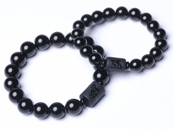 

obsidian bracelets black stone dragon phoenix totem bucket beads bracelet women men lovers jewelry, Golden;silver