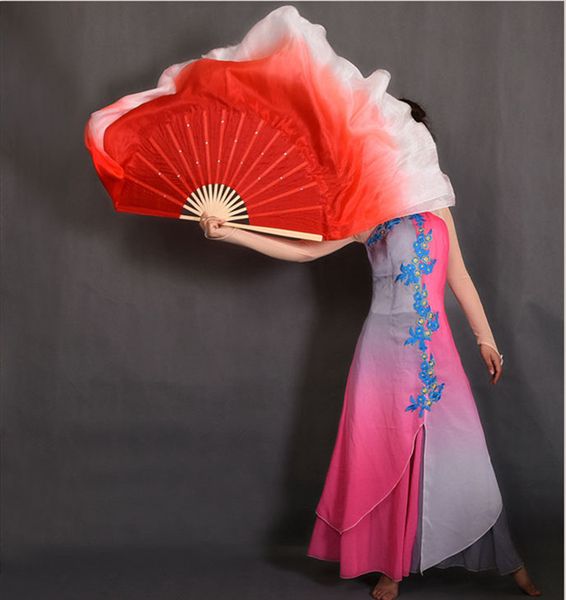 

stage performance property dance fans 100% silk veils colored women belly dance fan veils red white gradient assorted size, Black;red