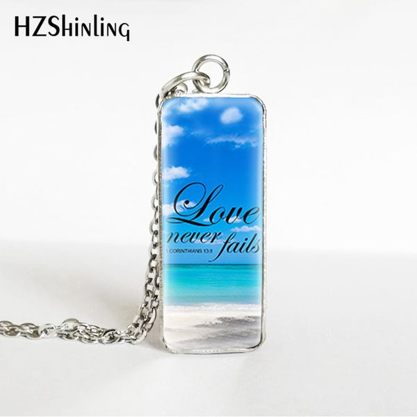 

new arrival love never fails 1 cor 13 8 bible verse rectangle necklace fashion glass cabochon pendant jewelry, Silver