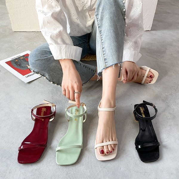 

fashion womens shoes 2020 all-match buckle strap med high heel sandals clear heels suit female beige medium comfort, Black