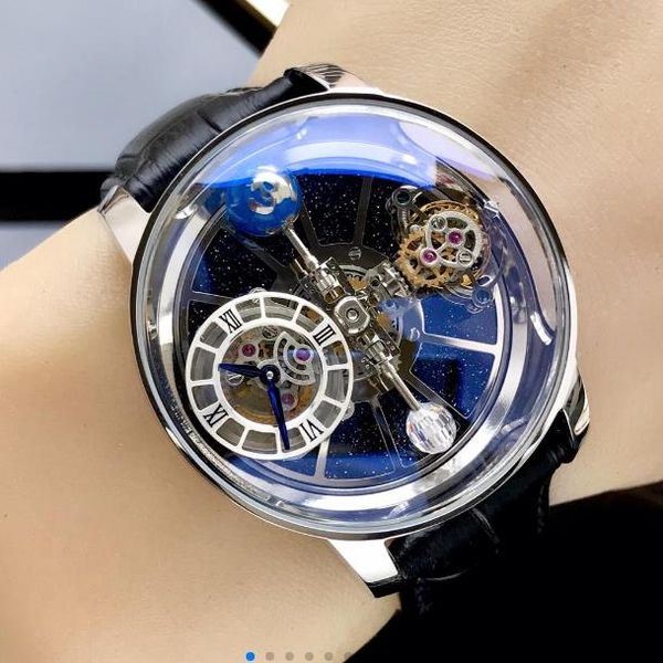 

precious men's wristwatch swiss quartz movement size 45mm x 18mm blue-light phantom crystal glass 316 steel leather strap pin buckle, Slivery;brown