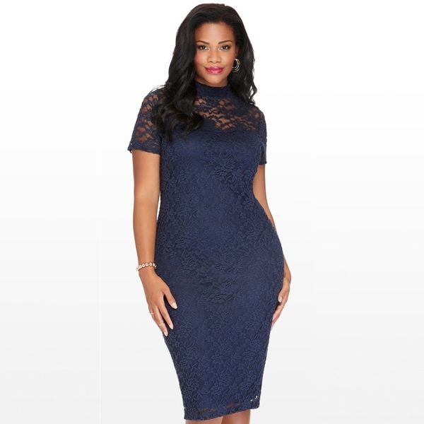

19SS Fashion Women Lace Dress Elegant Navy See Through Party Pencil Vestidos Lady Short Sleeve Slim Fit Large Size Bodycon XL-6XL