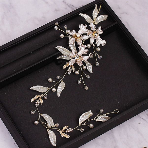 

golden leaf rhinestone long style headbands beaded soft hair hoop hair ornament wedding hair accessories, Golden;white