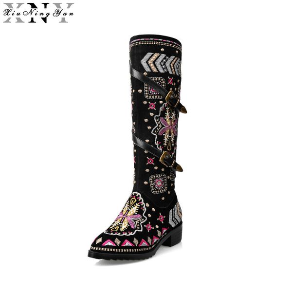 

xiuningyan cow suede leather boots women buckle botas snow boots zipper embroidery cow split sutumn knee high size 34-43, Black