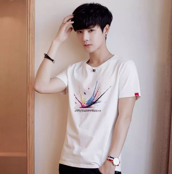 

100% чистый хлопок] лето 2019 года новая футболка с короткими рукавами для мужчин и корейской моде принт для подростка студента куртка мужс, White;black