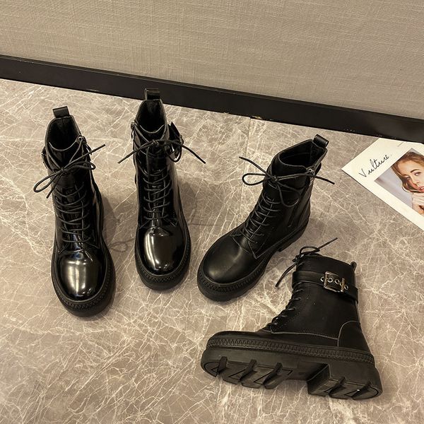 

boots woman 2019 patent leather short boot zipper chalaza circle head england woman, Black
