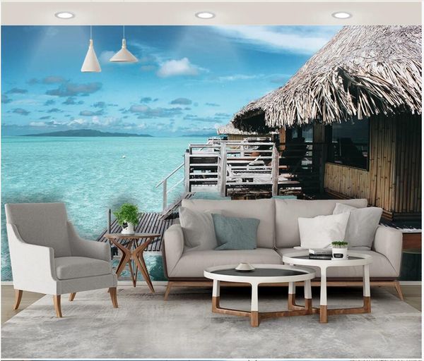 

3d wallpaper custom p murals romantic sea view thatched cottage on the sea living room home decor 3d wall murals wallpaper for walls 3 d